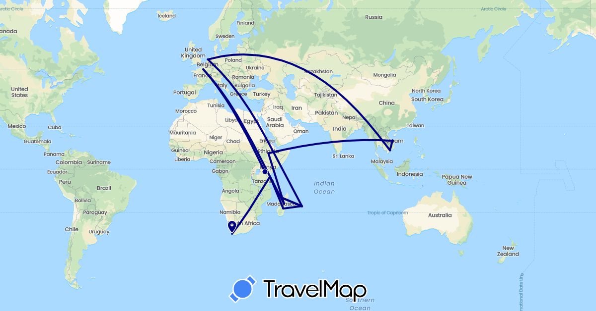 TravelMap itinerary: driving in Ethiopia, France, Kenya, Madagascar, Mauritius, Netherlands, Vietnam, South Africa (Africa, Asia, Europe)